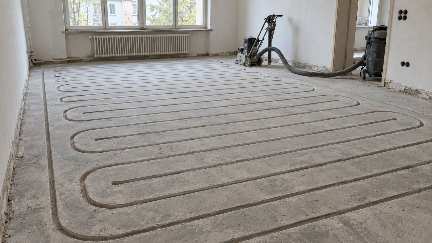 Fußbodenheizung fräsen in Bielefeld – fertig gefräste Kanäle im Estrich eines Altbauraums